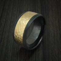 Black Zirconium Ring with Wide 14K Yellow Gold Hammered Inlay Custom Made Band