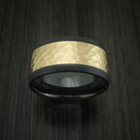 Black Zirconium Ring with Wide 14K Yellow Gold Hammered Inlay Custom Made Band
