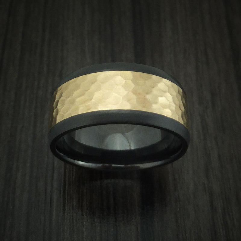 Black Titanium Ring with Wide 14K Yellow Gold Hammered Inlay Custom Made Band