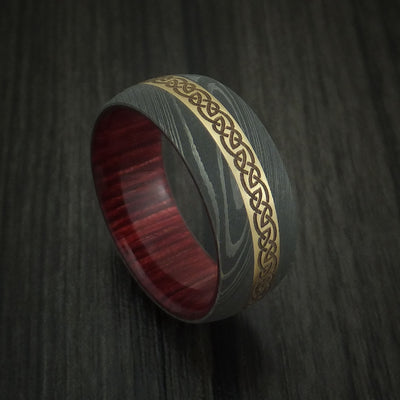Damascus Steel Celtic Ring with 14K Yellow Gold Inlay and Hardwood Sleeve Custom Made Band
