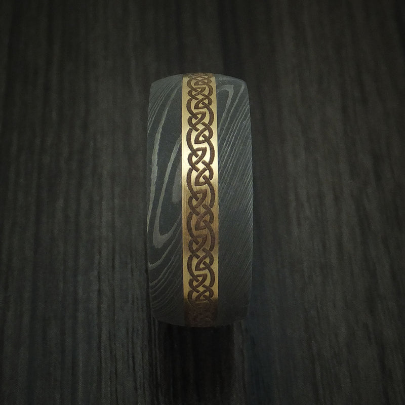 Damascus Steel Celtic Ring with 14K Yellow Gold Inlay and Hardwood Sleeve Custom Made Band