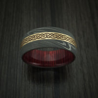 Damascus Steel Celtic Ring with 14K Yellow Gold Inlay and Hardwood Sleeve Custom Made Band