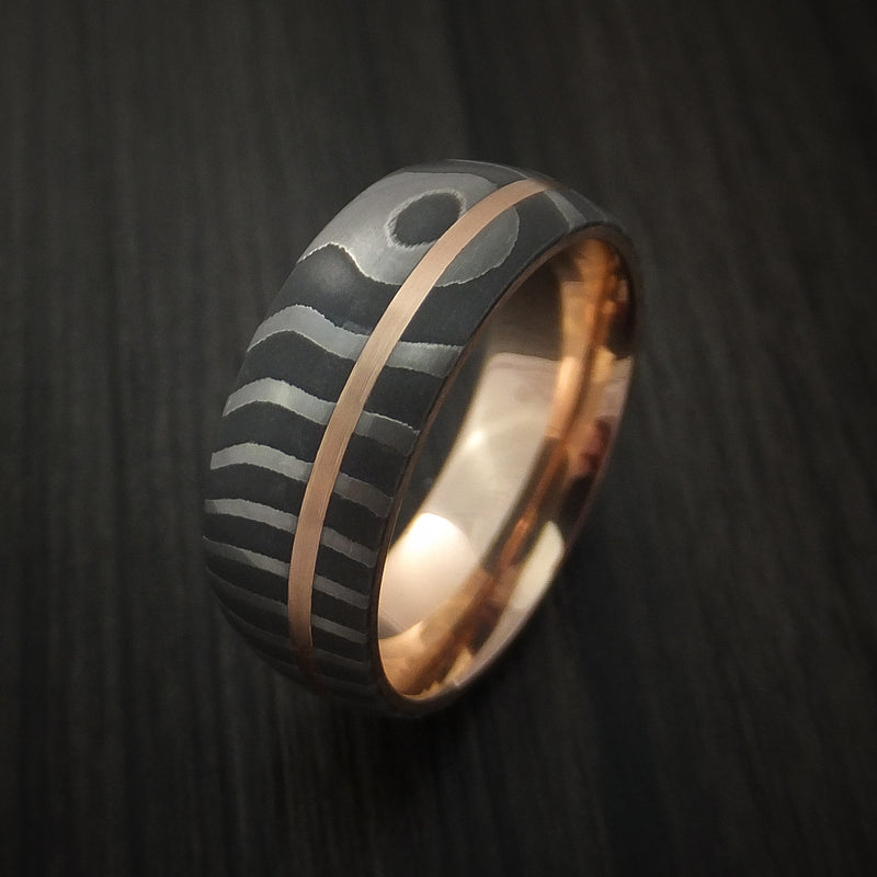 Damascus Steel Tiger Pattern 14K Rose Gold Ring Wedding Band Custom Made