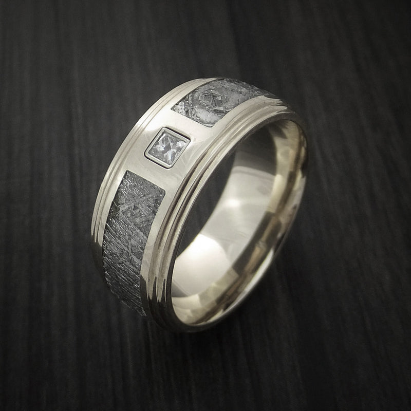 14K White Gold and Meteorite Ring with Beautiful Diamond Custom Made