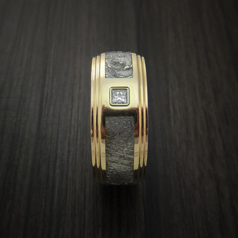 14K Yellow Gold and Meteorite Ring with Beautiful Diamond Custom Made