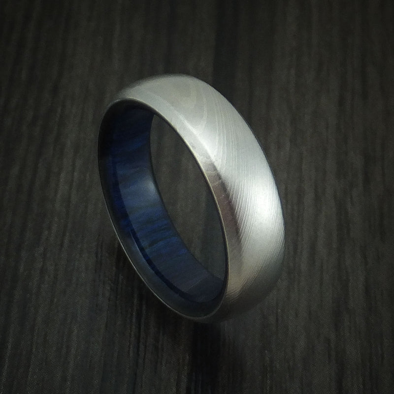 Damascus Steel Ring with Blueberry Wood Interior Sleeve Custom Made