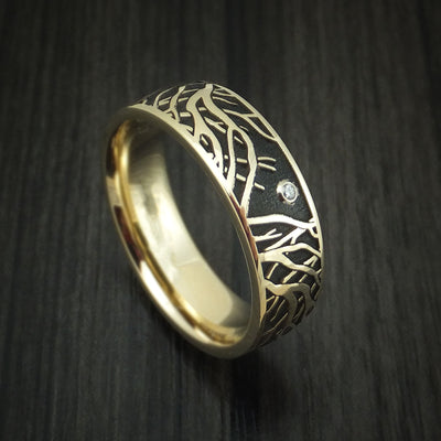 14K Yellow Gold Ring with Tree Branches and Diamond Custom Made Band