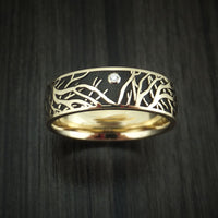 14K Yellow Gold Ring with Tree Branches and Diamond Custom Made Band