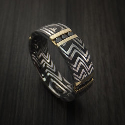 Damascus Steel Zebra Pattern Ring with 14K Gold and Black Diamonds Custom Made Band