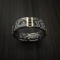 Damascus Steel Zebra Pattern Ring with 14K Gold and Black Diamonds Custom Made Band