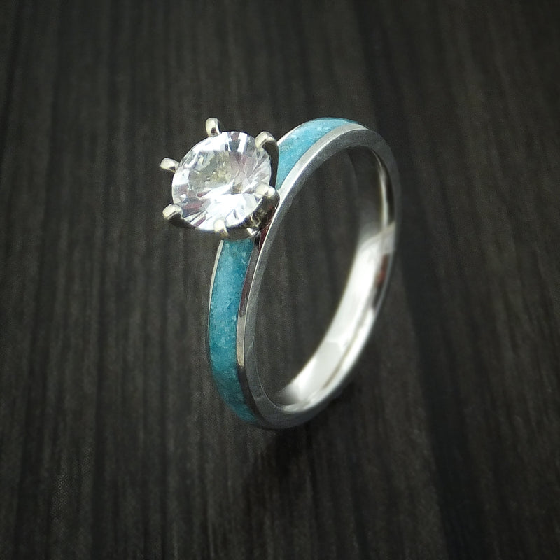 Cobalt Chrome and White Sapphire Engagement Ring with Turquoise Inlay Custom Made