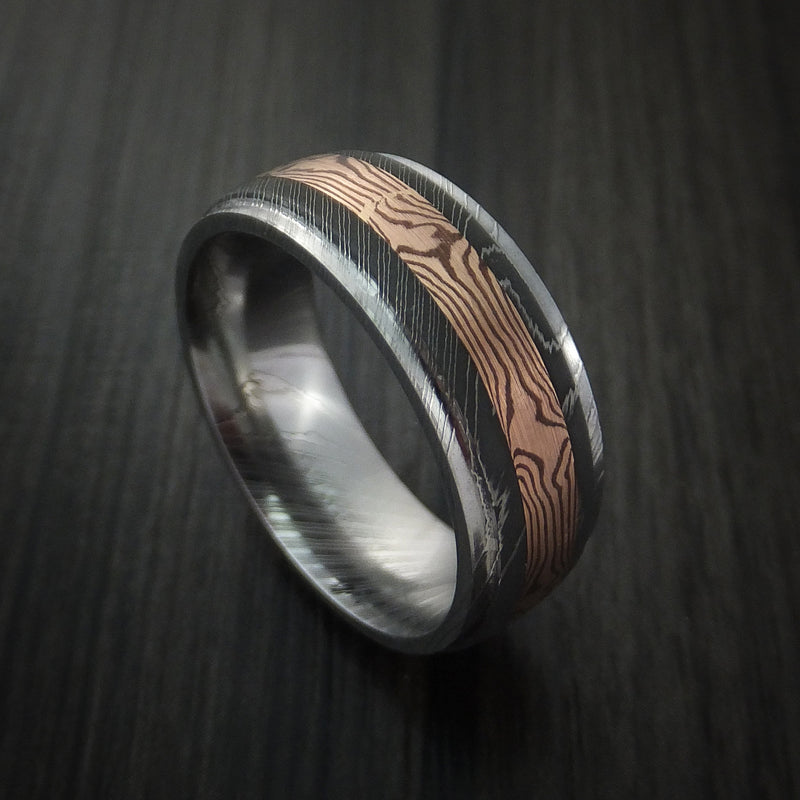Damascus Steel and 14k Rose Gold Mokume Gane Men's Ring Custom Made ...