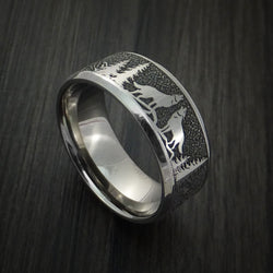 Titanium Ring with Wolf and Mountain Pattern Hunter Band Custom Made