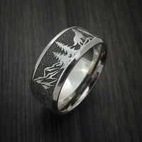 Titanium Ring with Wolf and Mountain Pattern Hunter Band Custom Made