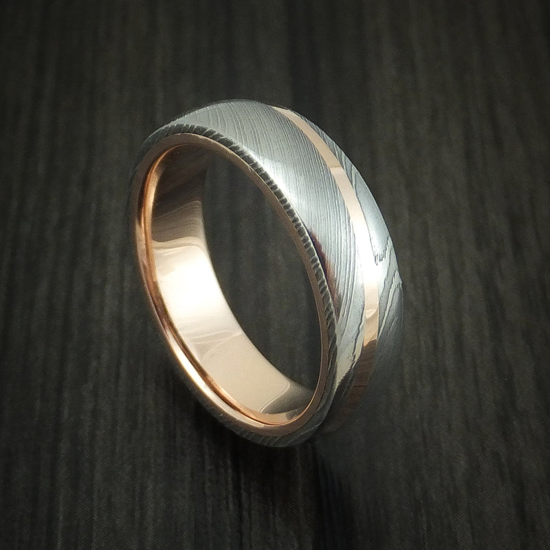 Damascus Steel Diagonal 14K Rose Gold Men's Ring Wedding Band Custom M ...