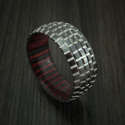 Black Zirconium Carved Tread Design Ring with Wood Sleeve Bold Unique Band Custom Made