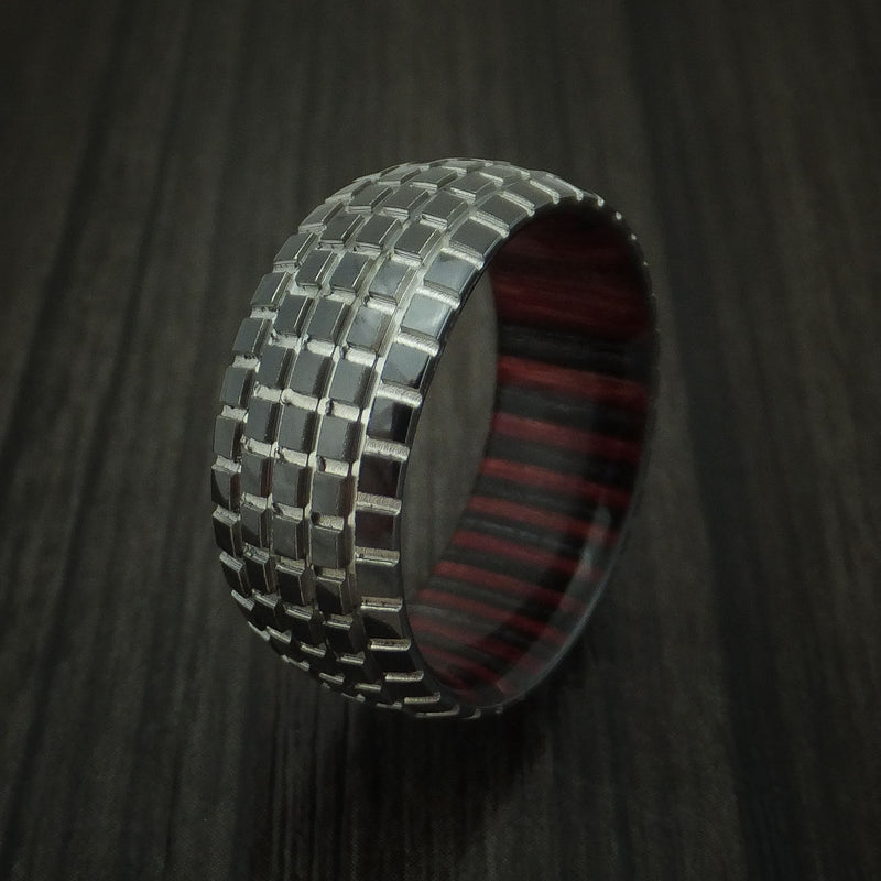 Black Zirconium Carved Tread Design Ring with Wood Sleeve Bold Unique Band Custom Made
