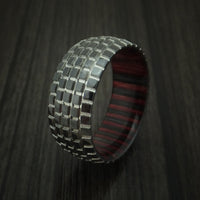 Black Titanium Carved Tread Design Ring with Wood Sleeve Bold Unique Band Custom Made