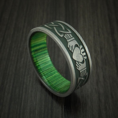 Damascus Steel Celtic Irish Claddagh Cerakote Ring with Hardwood Sleeve Custom Made