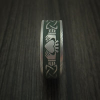Damascus Steel Celtic Irish Claddagh Cerakote Ring with Hardwood Sleeve Custom Made