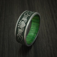 Damascus Steel Celtic Irish Claddagh Cerakote Ring with Hardwood Sleeve Custom Made