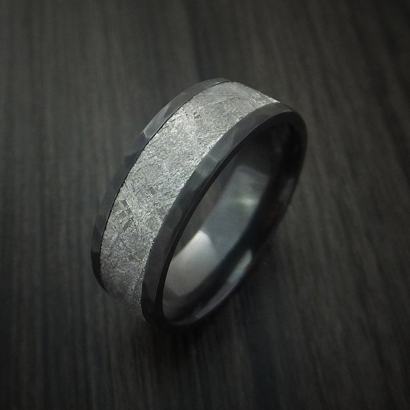 Black Titanium Hammered Ring with Gibeon Meteorite Inlay Custom Made