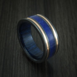 Black Titanium and Lapis Band with 14K Rose Gold and Blueberry Wood Sleeve Custom Made Ring