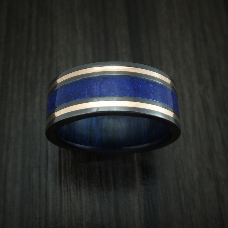 Black Zirconium and Lapis Band with 14K Rose Gold and Blueberry Wood Sleeve Custom Made Ring