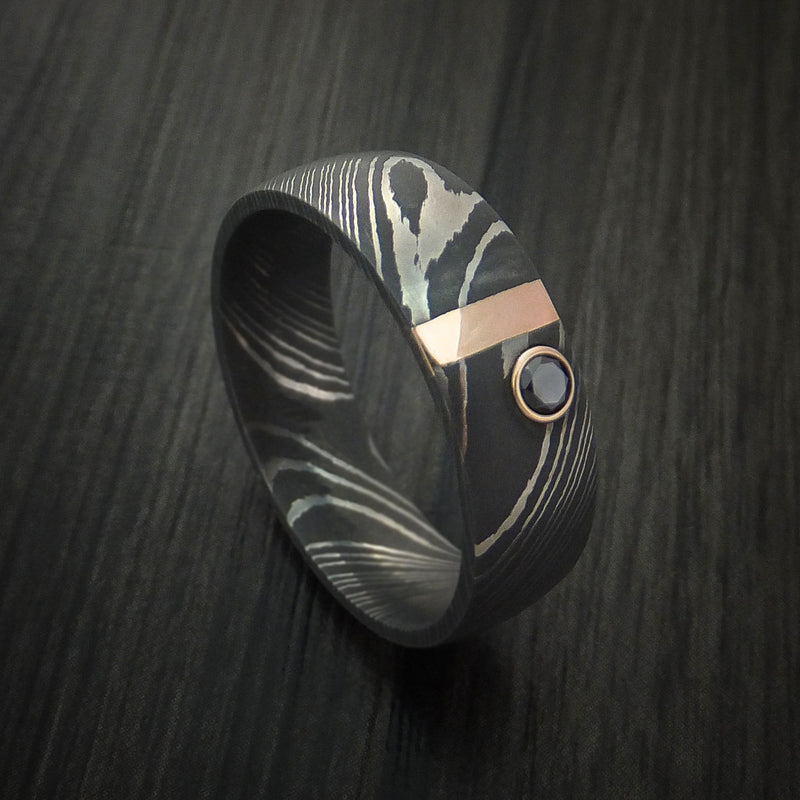 Damascus Steel with 14K Gold and Black Diamond Custom Made Band