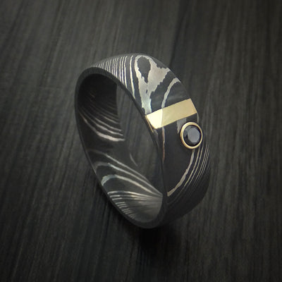 Damascus Steel with 14K Gold and Black Diamond Custom Made Band