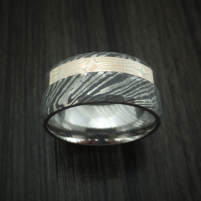 Damascus Steel and 14K Rose Gold, White Gold and Silver Mokume Hammered Band Custom Made