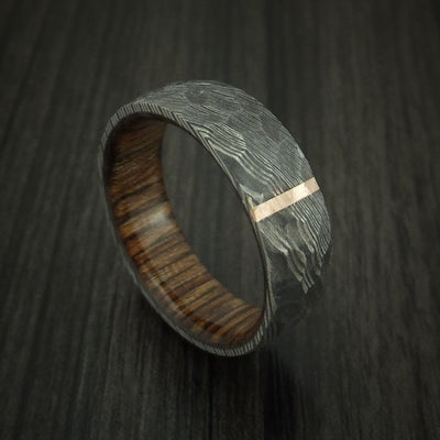 Damascus Steel Ring with Rock Hammer Finish and Vertical 14k Rose Gold Inlay and Wood Sleeve Custom Made Band