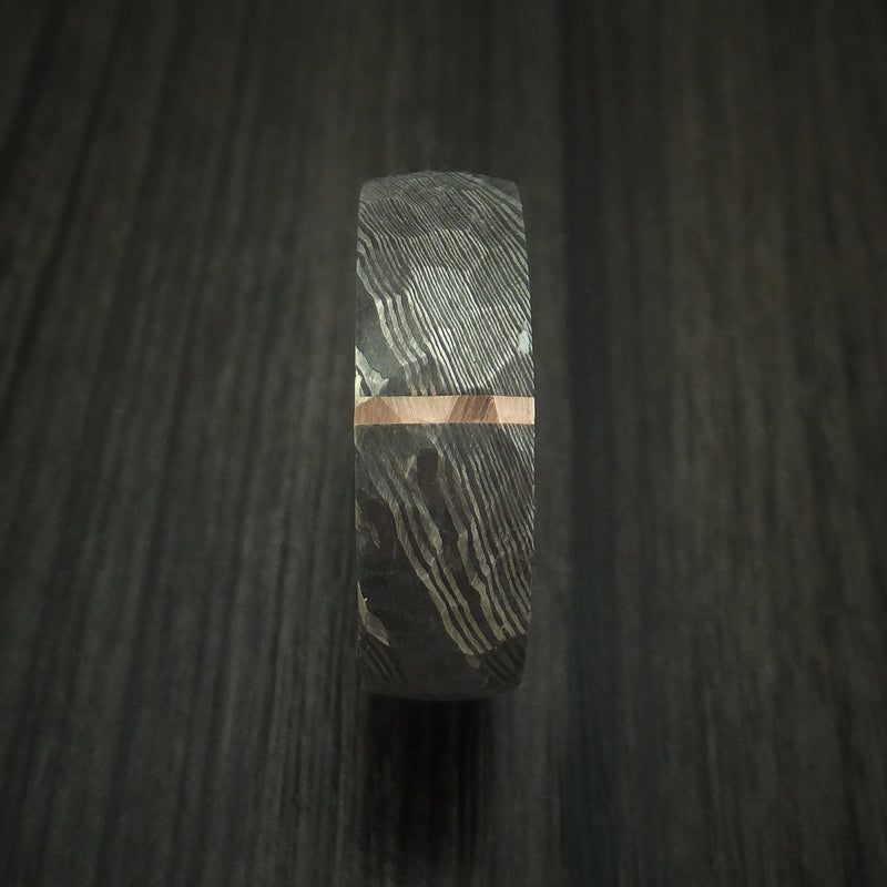 Damascus Steel Ring with Rock Hammer Finish and Vertical 14k Rose Gold Inlay and Wood Sleeve Custom Made Band