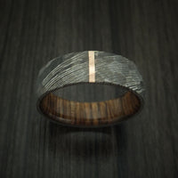 Damascus Steel Ring with Rock Hammer Finish and Vertical 14k Rose Gold Inlay and Wood Sleeve Custom Made Band