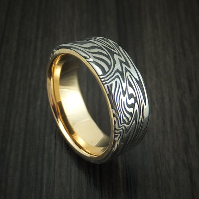 Sunset Kuro Damascus Steel Band with 14K Yellow Gold Sleeve Custom Made