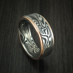 Sunset Kuro Damascus Steel Ring with 14K Rose Gold Edges Custom Made Band