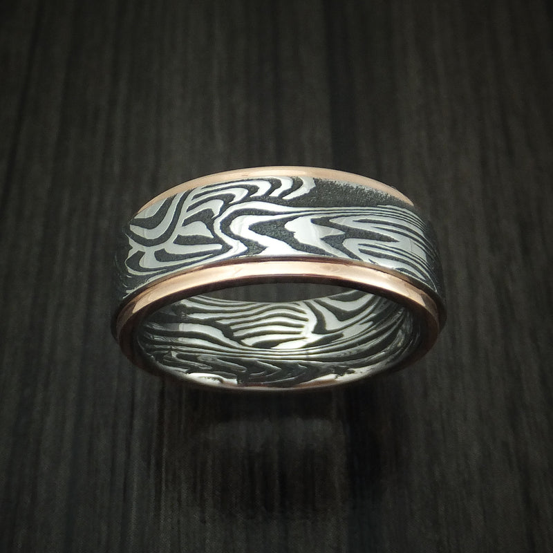 Sunset Kuro Damascus Steel Ring with 14K Rose Gold Edges Custom Made Band