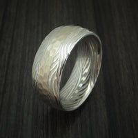 Sunset Kuro Damascus Steel Ring with 14K White Gold Hammered Inlay Custom Made Band