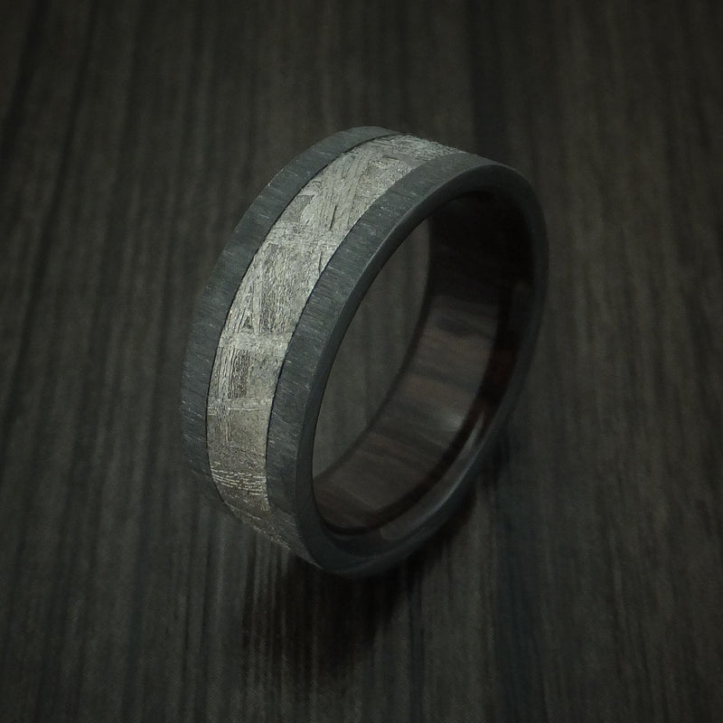 Black Titanium Ring with Gibeon Meteorite and Hardwood Sleeve Custom Made Band