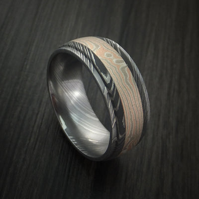 Damascus Steel Ring with Mokume Gane Inlay Custom Made Band