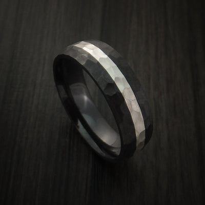 Black Titanium Hammer Finish Band Sterling Silver Inlay Ring Made to Any Sizing 3-22