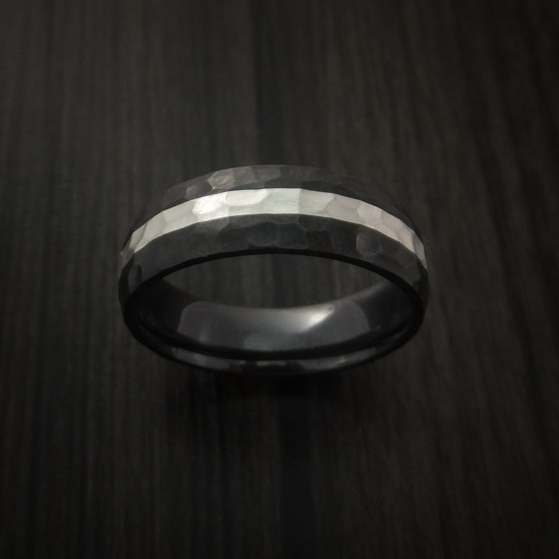 Black Titanium Hammer Finish Band Sterling Silver Inlay Ring Made to Any Sizing 3-22