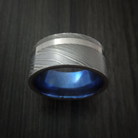 Damascus Steel Wide Ring with Platinum Inlay and Anodized Titanium Sleeve Wedding Band Custom Made