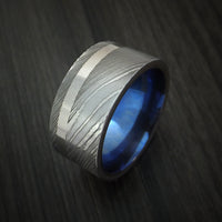 Damascus Steel Wide Ring with Platinum Inlay and Anodized Titanium Sleeve Wedding Band Custom Made