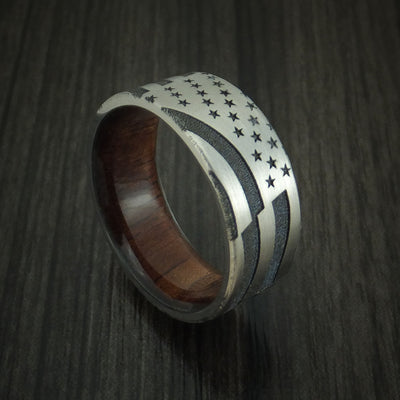 Titanium American Flag Custom Made United States Flag Ring with Wood Sleeve