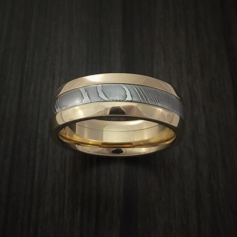 Damascus Steel 14K Yellow Gold Ring Wedding Band Custom Made