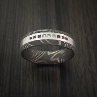 Damascus Steel Band with 6 Rubies and 3 Diamonds Set into a Silver Inlay Custom Made Ring