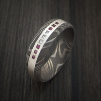 Damascus Steel Band with 6 Rubies and 3 Diamonds Set into a Silver Inlay Custom Made Ring