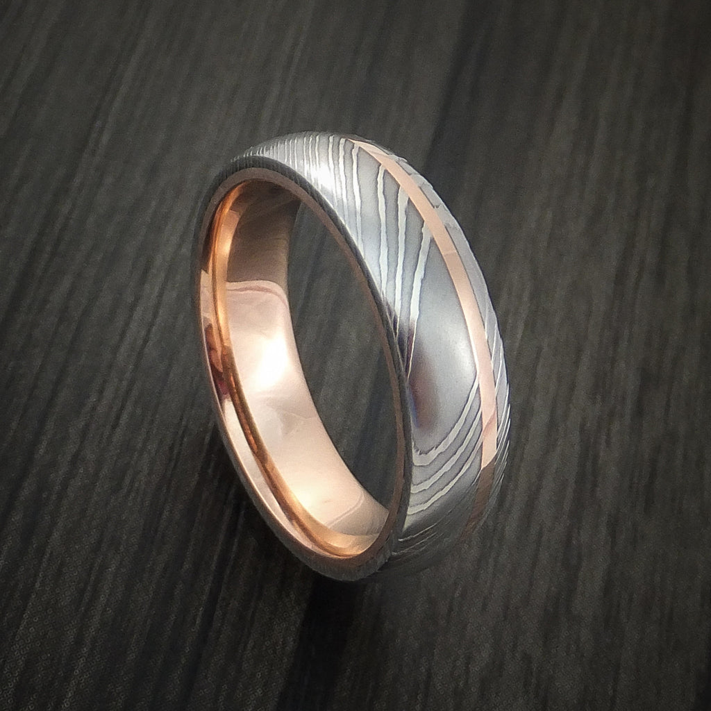Stainless Damascus Flat Band with Offset 14k Rose Gold Inlay