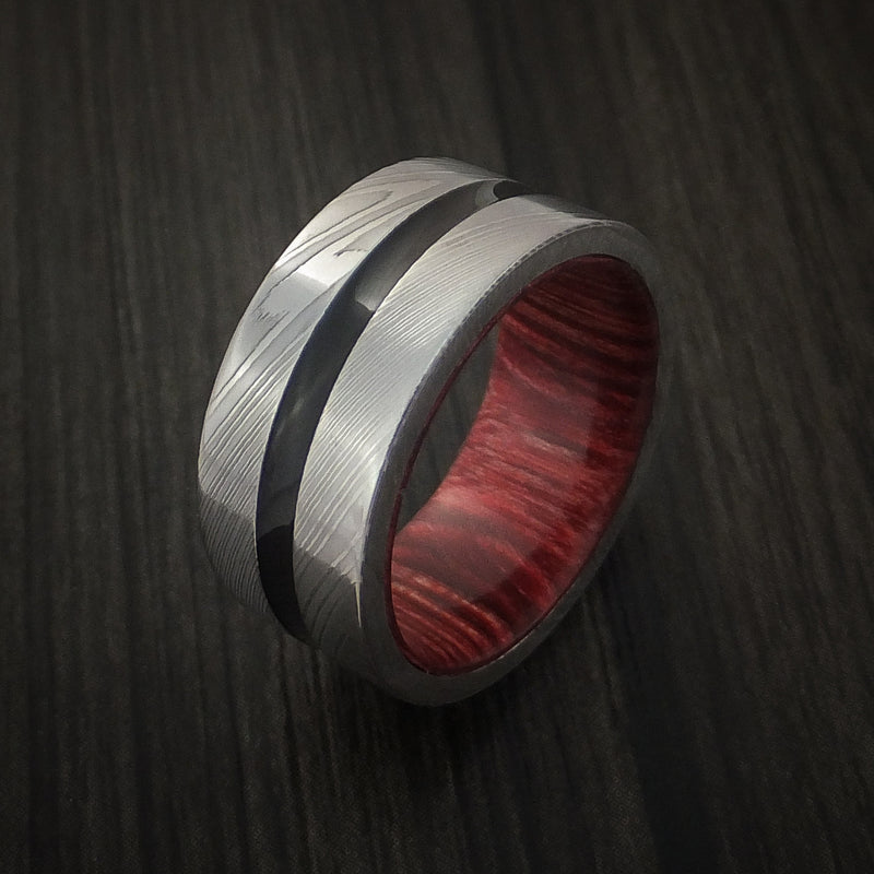 Damascus Steel Band with a Hardwood Interior Sleeve Custom Made Ring